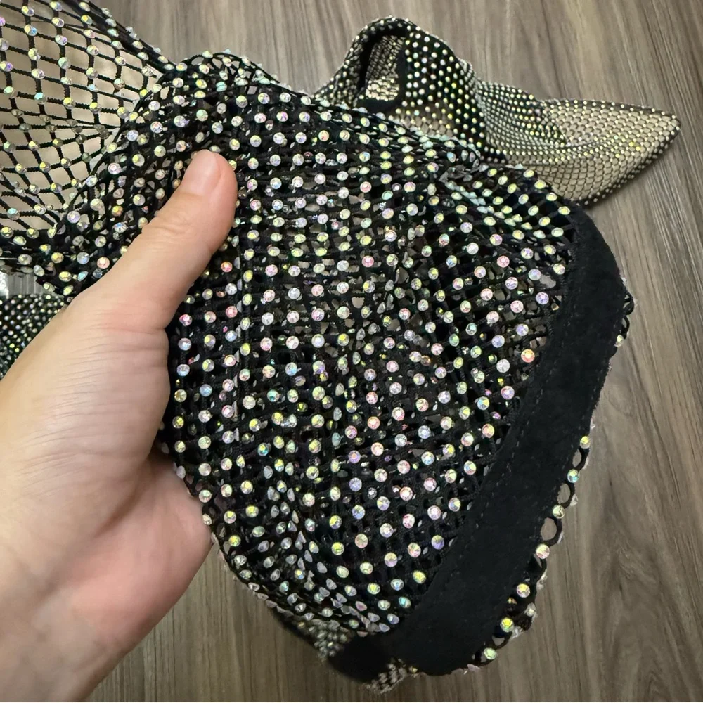 Ladies sz 44 Stiletto High Heel Over The Knee Black Fishnet Mesh Gem Rhinestone - Picture 9 of 12